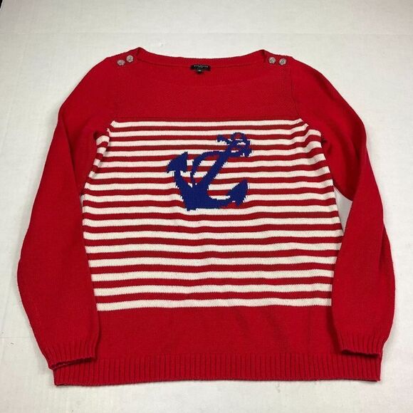 Talbots Intarsia Anchor Sweater Striped Long Sleeve Nautical Pullover PM PETITES - Picture 1 of 10